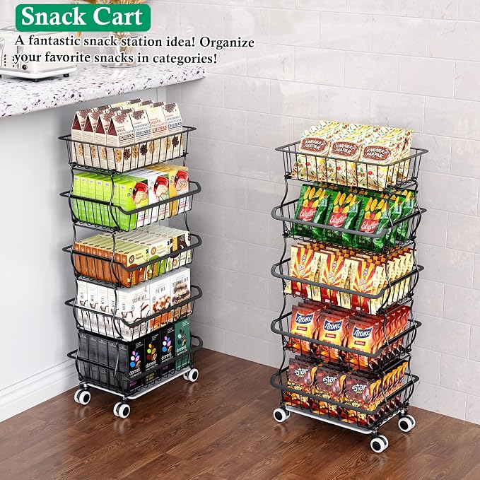 OKZEST 5 Tier Fruit Basket for Kitchen, Stackable Bins Wire Rack with Wheels, Fruit and Vegetable Storage Basket Pantry Food Snack Organizer Shelf, Kitchen Storage Cart for Onion and Potato, Produce