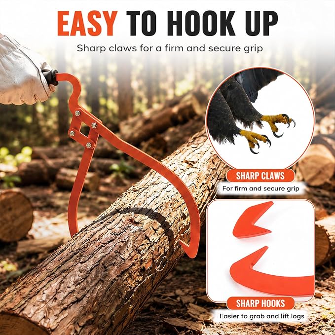 Blulu 1 Pcs 16 Inch 2 Claw Log Tongs Logging Skidding Tongs with Non Slip Grip Stainless Steel Hand Log Grapple Lifter Handling, Dragging, Carrying Tool for Moving Wood Trees