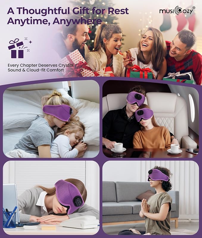 MUSICOZY 3D Bluetooth Sleep Mask with Headphones and Timer, Wireless Sleep Headphones for Side Sleepers, Eye Mask with Bluetooth Headphone, Unique Gifts for Men Women, Purple