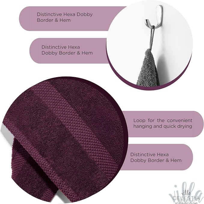 Villa Celestia Cotton Washcloths Set of 12, 12x12 Inch, 100% Ring-Spun Combed Cotton, Soft Absorbent Quick-Dry Wash Cloths for Face and Body, Oeko-TEX Certified, Hotel & Spa Quality, Burgandy