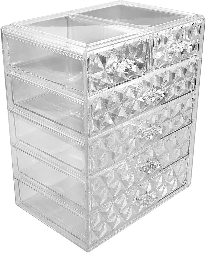 Sorbus Acrylic Makeup Organizer Set, 6-Drawer Vanity & Countertop Cosmetic Storage with Small & Wide Drawers, Diamond Makeup Storage for Brushes, Lipsticks, Jewelry – Holiday Gift for Women & Teens