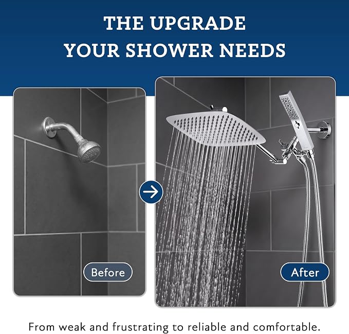G-Promise All Metal 12 Inch Dual Square Shower Head with Handheld Spray Combo, Rain Shower Head, Adjustable Extension Arm, 3-Way Diverter, 71 Inch Extra Long Hose - A Bathroom Upgrade (Chrome)