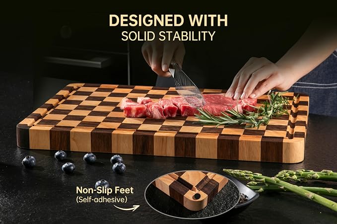 Cutting Boards for Kitchen, Checkered Cutting Board, 1.2" Thick | 16.5" x 11.6" Walnut Wood Chopping Board with Juice Groove&Handle, Double-sided Butcher Block for Prep&Serving with Gift Box