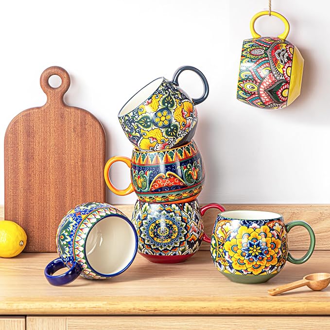 Henten Home Ceramic Coffee Mug Set of 6, 20 oz Colorful Coffee Cup with Handle, Boho Porcelian Mug for Cappuccino, Latte, Tea, Hot Chocolate, Cocoa, Microwave & Dishwasher Safe