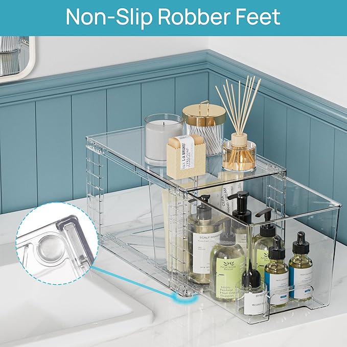 Vtopmart 8 Pack Clear Stackable Cabinet Organizers with Pull-Out Drawers, Clear Storage Drawers, 6 Medium and 2 Small for Under Sink, Pantry, Bathroom, Closet and Kitchen Storage