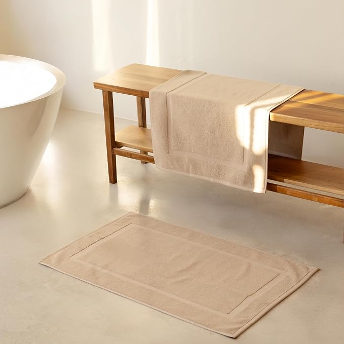 SALBAKOS 2-Piece 100% Turkish Cotton Bath Mat Towel, 20x34 inch, Taupe | Bathroom Floor Towels, Thick Soft Most Absorbent Quick-Dry Durable Large Size Foot Rug, Premium Hotel Quality Made in Turkey