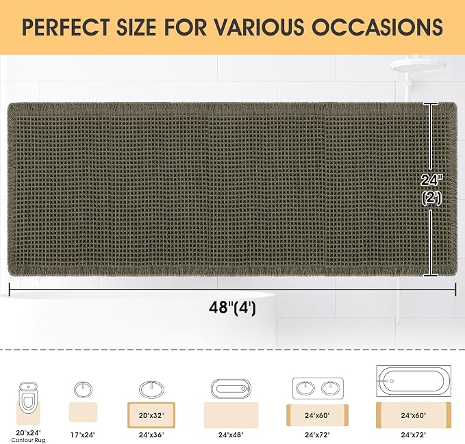 IM HOME Waffle Bath Mat Olive Green 4'x2', Boho Woven Modern Bath Mat Rugs, Absorbent Non Slip Bathroom Rugs, Soft Washable Bath Rugs with Tassels for Bathroom, Bedroom, Kitchen, Shower, Tub