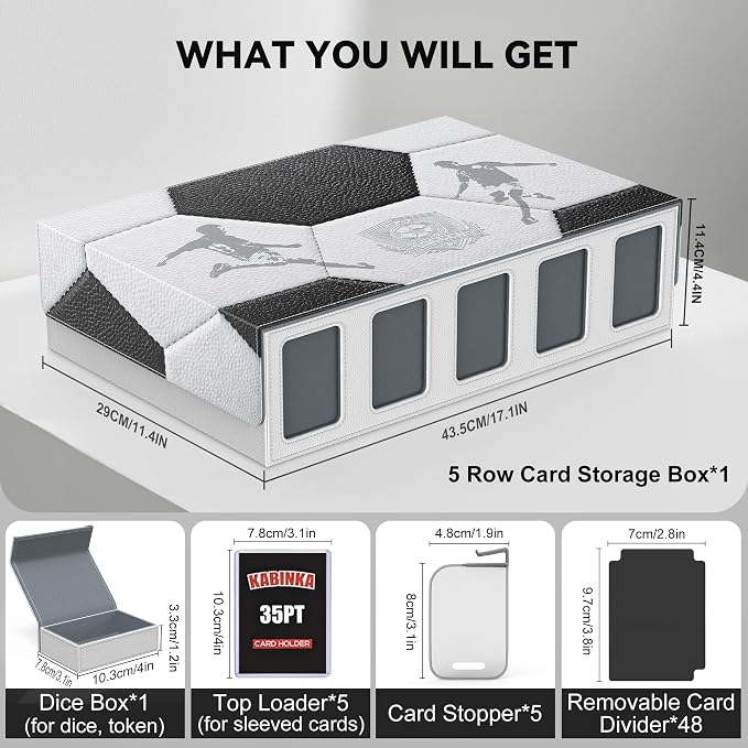 Kabinka Soccer Card Storage Box with Window Display, 5-Row Sport Card Storage Box, 3900+ Card Deck Box for Soccer Sports Card TCG, 5 Top Loaders, 5 Stoppers, 48 Dividers, 1 Dice Tray (Soccer 1)