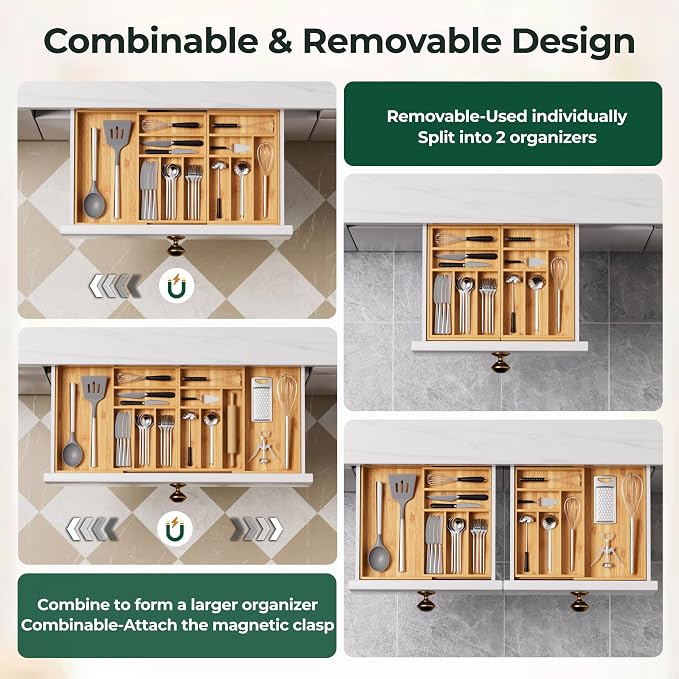 Large Silverware Organizer, 12 Slots Magnetic Connected Expandable Bamboo Utensil Drawer Organizer From 21 to 37.4 Inches, Adjustable Flatware and Cutlery Holder, Utensil Tray for Kitchen Natural