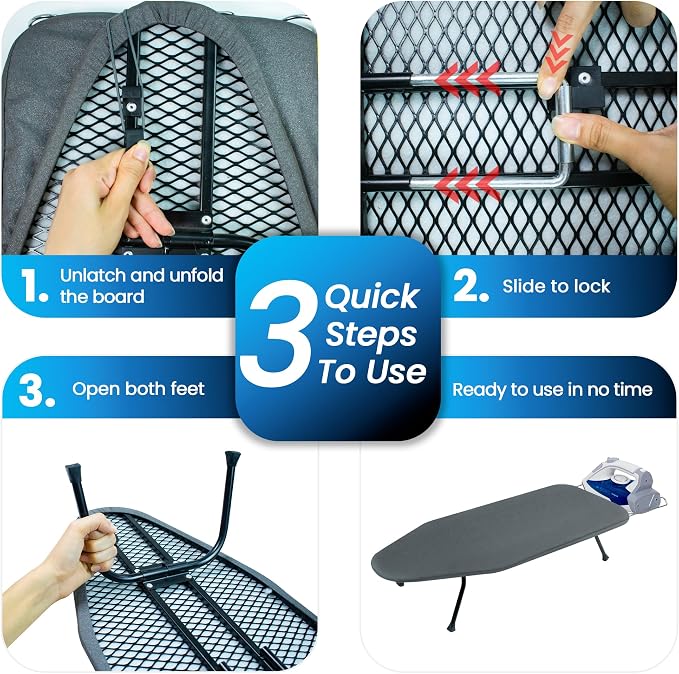 Metal Mesh Panel Tabletop Ironing Board | Foldable Iron Board | Heavy Duty Small Iron Board with Heat Resistant Cover and 100% Cotton 8mm Thicken Pad (Grey)
