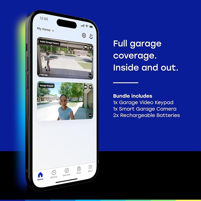 myQ Smart Garage Starter Kit: Garage Door Video Keypad + Rechargeable Battery + Wi-Fi Plug-in 2K Camera, Custom PIN Codes, Wide-Angle Lens, Night Vision, 2-Way Audio, Motion Alerts and App Control
