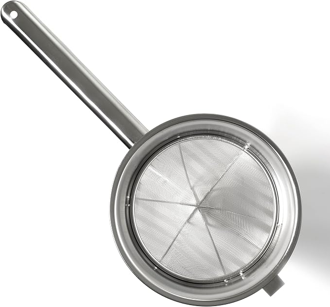 Bouillon Strainer - Stainless Steel Fine Mesh Metal Food Chinois, Cone Separator, Kitchen Colander Sieve for Sauce Jam Jelly Tea, 8" - With Spatula