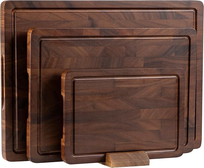Walnut Wood Cutting Board Set, End Grain Cutting Board for Kitchen | Walnut Wooden Charcuterie Boards, FSC Certified, Non Toxic, Non-Slip Feet, 3 Practical Sizes, Meal Prep & Serving, Gift Box