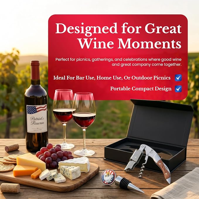 Patriotic Wine Bottle Opener Set: Professional Waiters Corkscrew Wine Opener & Wine Bottle Stopper - Double-Hinged Stainless Steel & Rosewood. 2-Piece Wine Accessories Gift Set