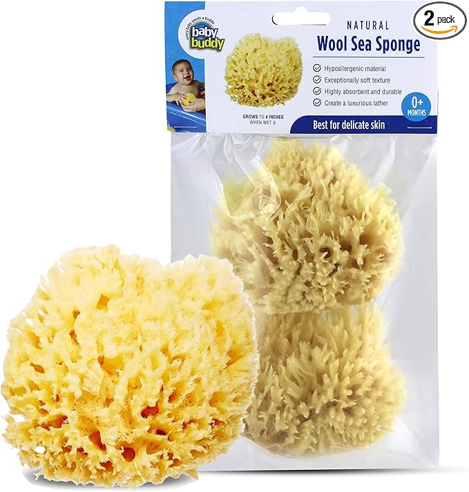 Baby Buddy Natural Wool Sea Sponge, Newborn Bath Time Essential, Ultra Soft for Delicate Skin, Hypoallergenic and Biodegradable, 2 Pack