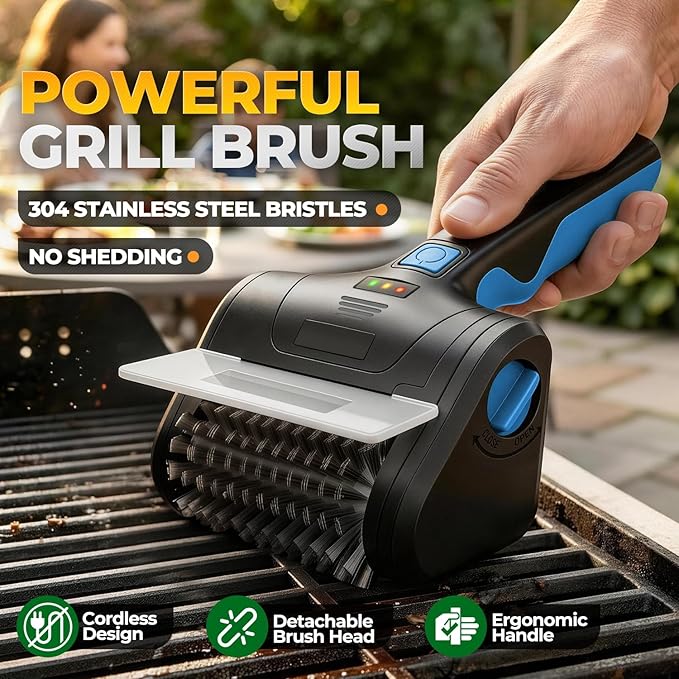 Auto Dynasty Cordless Electric Grill Brush, 304 Stainless Steel BBQ Brush with Rotating Scrub Head, Rechargeable, Type-C Fast Charging for Gas/Charcoal/Outdoor Grill, Blue/Black
