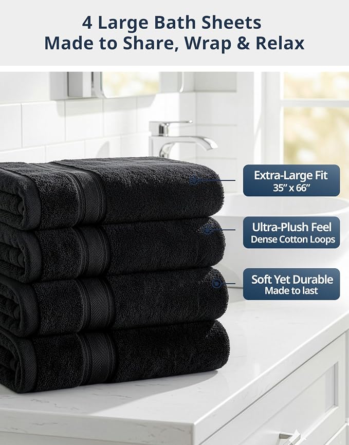 LANE LINEN 100% Cotton Bath Sheets - Exclusive Zero Twist Technology - 4 Pack (35"x66") Extra Towels large - Ultra Soft, Quick Dry & Super Absorbent - Hotel Collection Oversized Bath Towel Set - Black