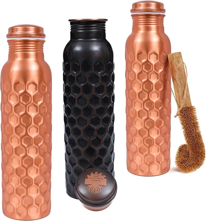 Copper Water Bottle,Ayurvedic Pure Copper Bottle For Drinking - Drink More Water, Lower your Sugar Intake And Enjoy The health Benefits Immediately - 32 Oz(1Cleaning Brush +3 Diamond Bottle)