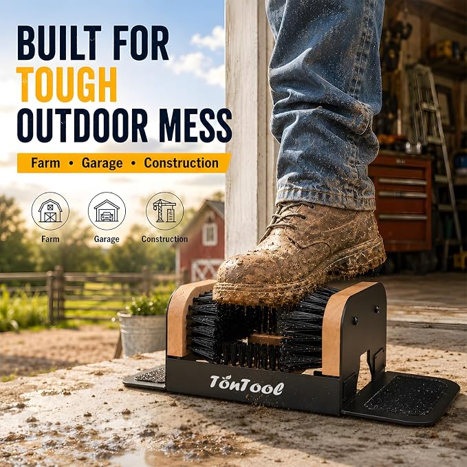 Boot Brush Scraper Outdoor Heavy Duty Boot Cleaner Brush Outdoor with Natural Stiff Bristles Boot Scrapers with Brushes Outdoor Steel Frame Non-Slip Base Foldable Side Wings Wall Mount or Freestanding