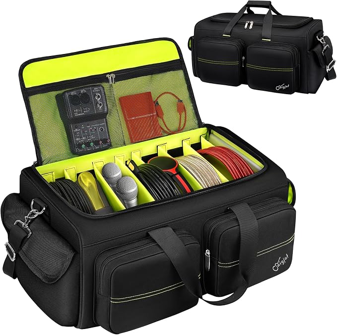 SNIGJAT DJ Bag, Large Capacity DJ Cable Bag with Detachable Hard Dividers | Gig Bag for Musicians with 6 Pockets for Extension Cords, Mics, Cable Organizer with Padded Shoulder Strap, DJ Accessories