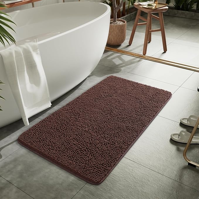 LOCHAS Luxury Bathroom Rug Shaggy Bath Mat 24 x 36 Inch, Brown | Washable Non Slip Bath Rugs for Bathroom Shower, Soft Plush Chenille Absorbent Carpets