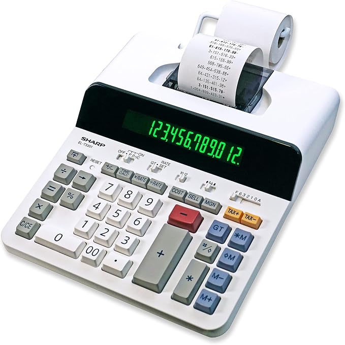 Sharp 12-Digit Printing Calculator with Extra Large 10-Digit Option, 8.0 LPS Thermal Printer, No Ink Required, Full-Sized Keyboard, Easy Paper Load (ELT3301)