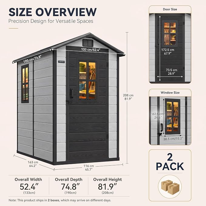 DWVO Outdoor Storage Shed 4.4×6FT, Plastic Garden Shed with 2 Windows | Resin Outdoor Tool Shed with Floor, Door Handle & Lock, Vents for Backyard Patio, Stores Bike Garden Tools, Gray & Black