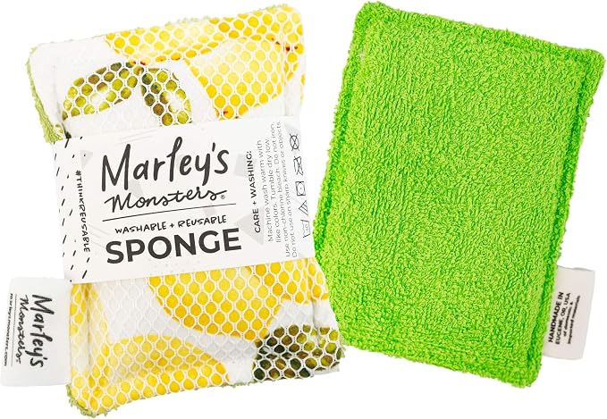 Marley's Monsters Washable Sponge – Reusable Eco-Friendly Scrubber – Dual-Sided for Gentle Cleaning or Heavy Duty Scrubbing – 4" x 5.5" Handmade in USA(Vintage Lemons/Green Back)