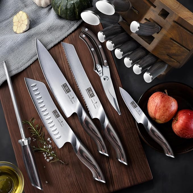 HOSHANHO 16PCS Knife Set, Ultra Sharp Japanese Kitchen Knife Set with Block | Japanese High Carbon Stainless Steel Cooking Knife set, Multipurpose Chef Knives Set with Sharpener, Ergonomic Handle, Gifts