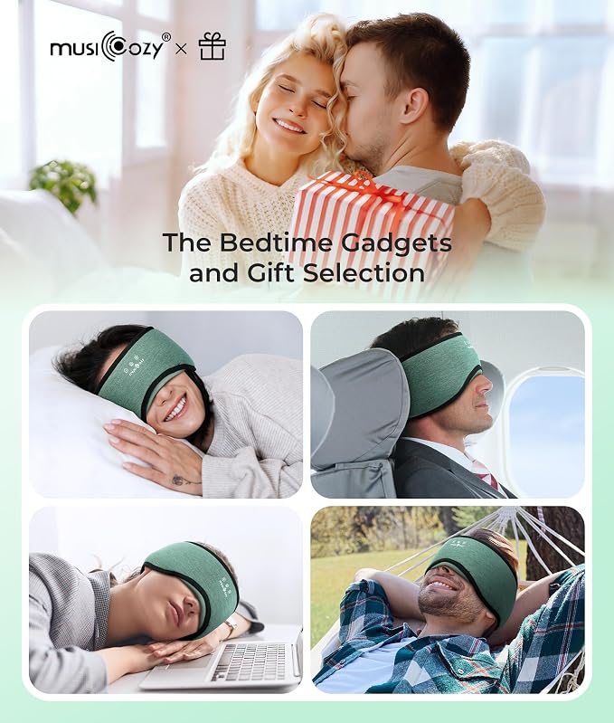 MUSICOZY Sleep Mask with Bluetooth Headphones, Bamboo Cotton Extended Sleep Headphones for Side Sleepers, Bluetooth Eye Mask for Sleeping, Wireless Earphones with HD Stereo Speakers (Dark Green)