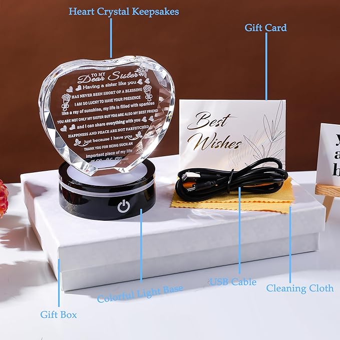 YWHL Sister Birthday Gifts with Colorful LED Base Crystal Heart to My Sister Gifts from Sisters Brother Meaningful Gift for Sisters on Christmas Valentine Day Mothers Day