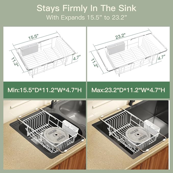 White Dish Drying Rack Over The Sink with Utensil Holder | Expandable Stainless Steel Dish Drainer for Small Kitchen, Apartment, RV, Counter Space Saving, Perfect Fit, Rustproof