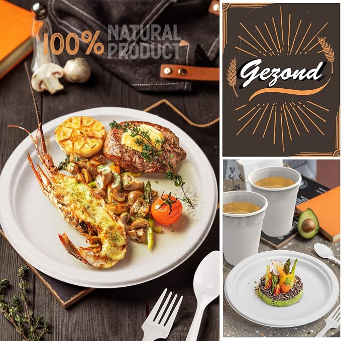 Gezond Compostable Paper Plates 350pcs Disposable Plates for Wedding Party Eco-friendly Sugarcane Plates Biodegradable Cutlery Forks Knives Spoons Cups and Straws for 50 People White