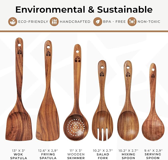 Wooden Spoons for Cooking – Wooden Kitchen Utensils Set, Multipack Teak Wood Utensil Set – Comfortable Grip Non–Stick Wooden Cooking Utensils