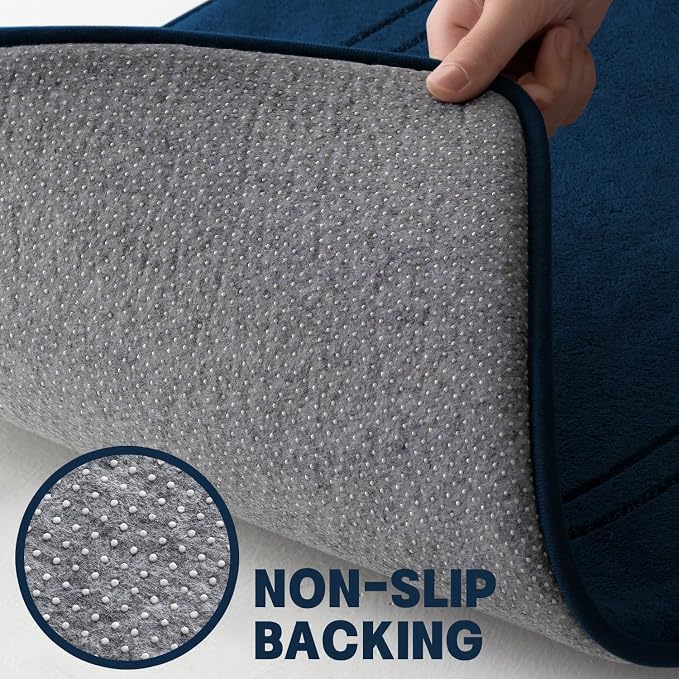YIHOUSE Memory Foam Bath Mat Set, Non Slip Bath Mats, Super Soft and Water Absorbent, Machine Washable U Shape Toilet Mats, Dark Blue