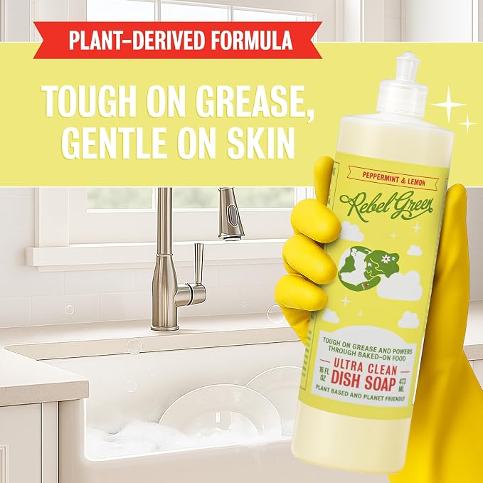Rebel Green Super Deluxe Dish Soap - Plant-Derived Sustainable Dishwashing Soap - Peppermint & Lemon Scent - 16 fl oz - 2 Pack