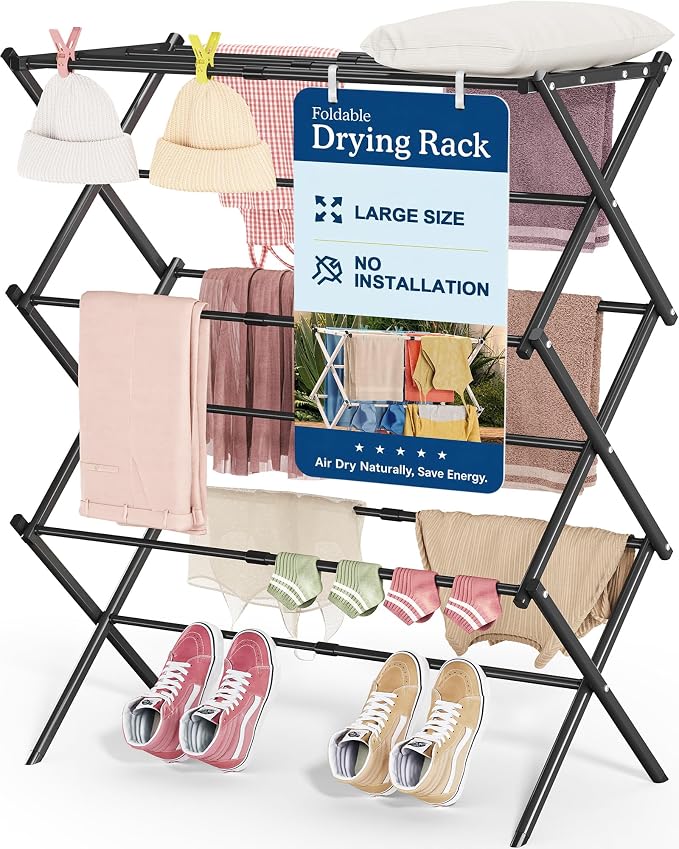 APEXCHASER Oversize Clothes Drying Rack, 3-Tier Drying Rack Clothing, Expandable Metal Laundry Drying Rack, Air Drying Rack, Clothes Rack, No install, 24lb Capacity, 14.9" D x 29.3" W x 39.3" H, Black