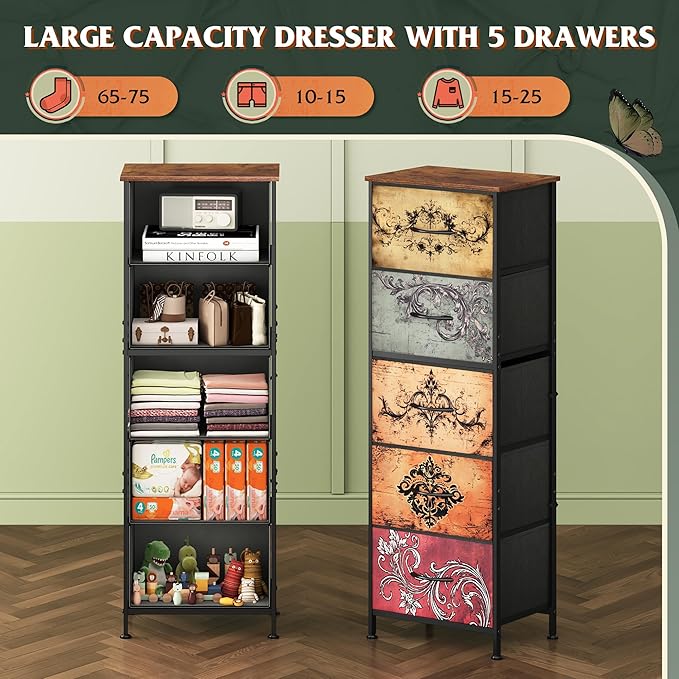 WLIVE Fabric Dresser, 5-Drawer Tall Dressers for Bedroom, Storage Dresser Organizer with Fabric Bins, Wood Top, Sturdy Steel Frame, Chest of Drawers for Closet, Hallway, Pattern