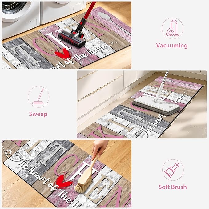Kitchen Rugs Set 3 Piece, Non Slip Kitchen Mats for Floor, Soft Fabric with Rubber Backing, Farmhouse Anti Fatigue Runners Carpet for Home Kitchen Laundry Room Hallway (Rustic Pink & Grey)