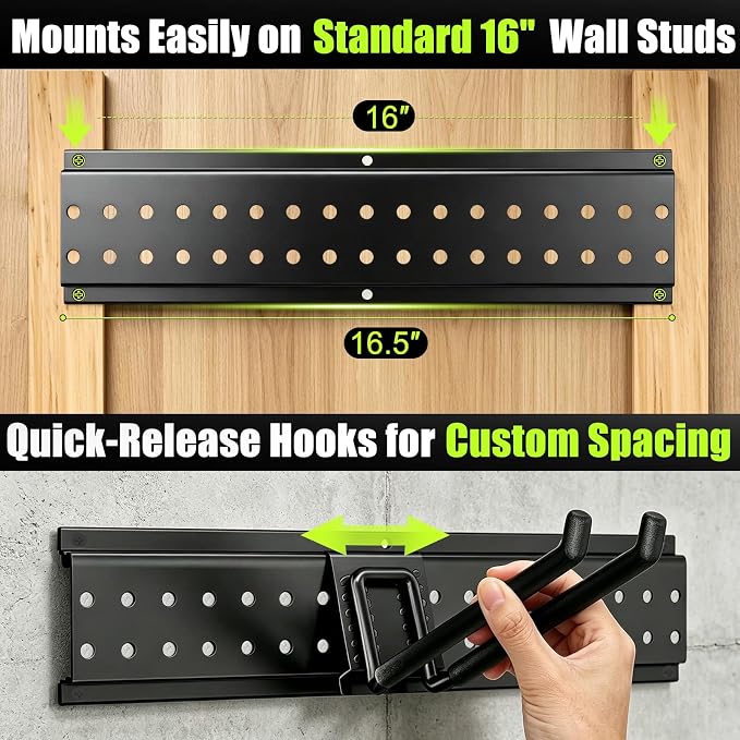 Garage Tool Organizer Wall Mount, 66 Inch Heavy Duty Garage Organization System with 13 Adjustable Hooks, Garden Tool Storage Rack for Garage, Yard & Shed, Holds Up to 520 lbs