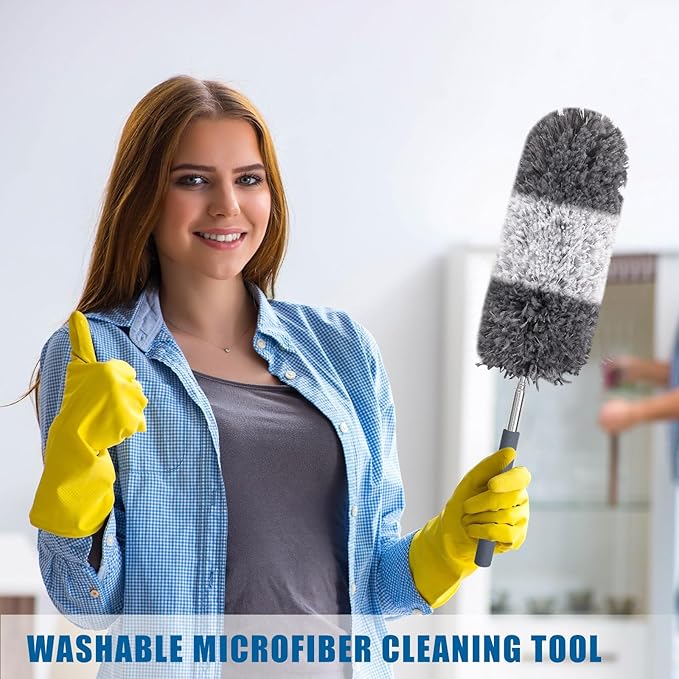 Tanlade 1 Pcs Microfiber Feather Duster for Cleaning 13-31 Inch Extendable Cobweb Dusters Ceiling Fan Duster Washable Bendable Tool for Office Car Window Furniture (Gray White)