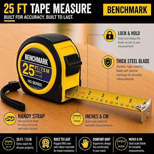 5 Pack - Tape Measures 25ft / 7.5m – Inch & Centimeter Marks. Rugged Outer Shell with Easy Grip Design - High Visibility Steel Tape - Thumb Lock - Autowind - Belt Clip – Retractable Measuring Tape