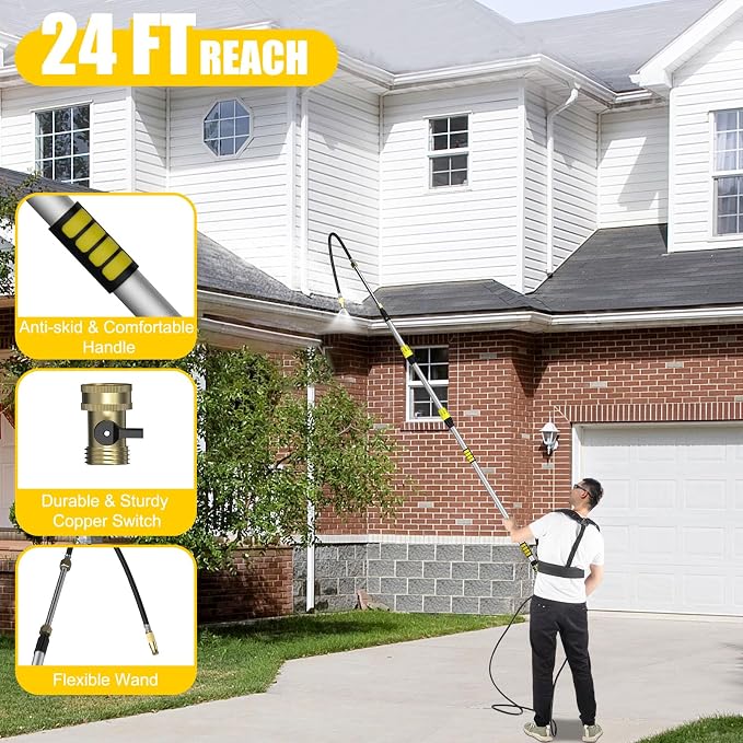 Buyplus 22FT Reach Telescoping Gutter Cleaning Tools 4-16FT Rain Gutter Cleaner Tools From Ground with 3/4" Brass Garden Hose Shut Off Valve, Bendable Flexible Water Wand for Garden Hose, Window