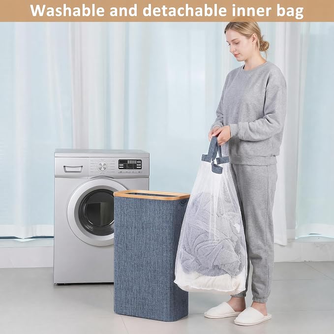 iEGrow 65L Slim Laundry Hamper, Narrow Laundry Basket with Lid,Foldable Clothes Hamper with Bamboo Handles,Hamper Basket with Removable Inner Bag for Laundry Room Bedroom College Dorm,17.17 Gals Blue