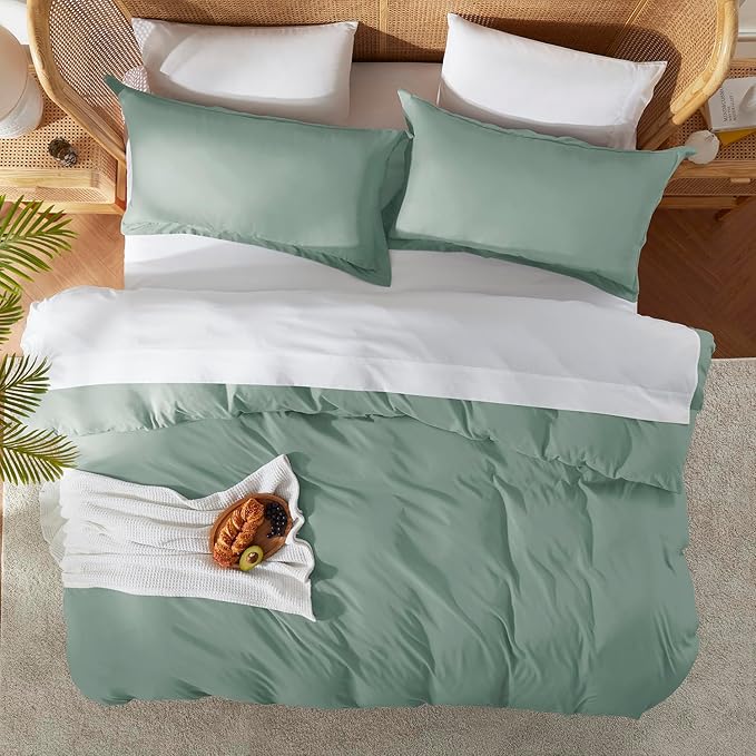 Nestl Sage Green Duvet Cover Queen Size - Soft Double Brushed Queen Duvet Cover Set, 3 Piece, with Button Closure, 1 Duvet Cover 90x90 inches and 2 Pillow Shams