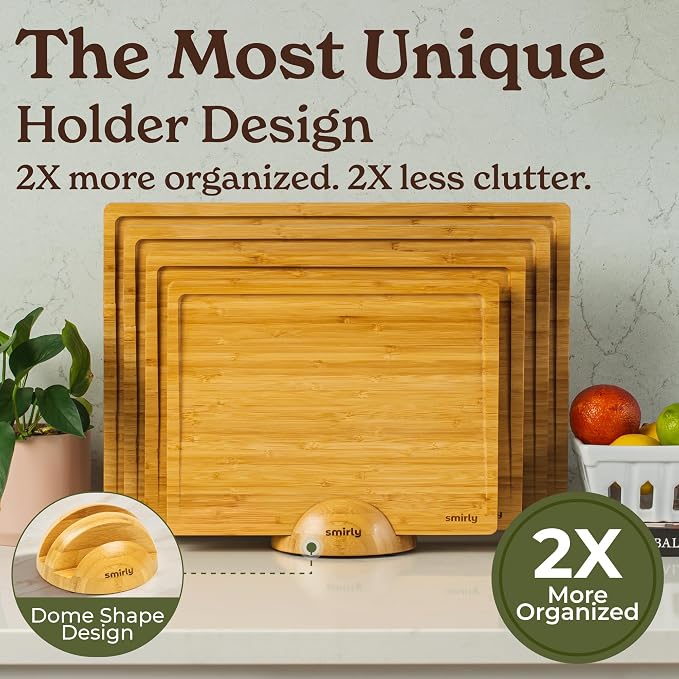 SMIRLY Bamboo Cutting Board - 4 Pack Wood Cutting Board Set with Stand | Non Toxic Wooden Cutting Boards with Juice Grooves and Handles, Multiple Sizes Chopping Board for Meal Prep & Charcuterie