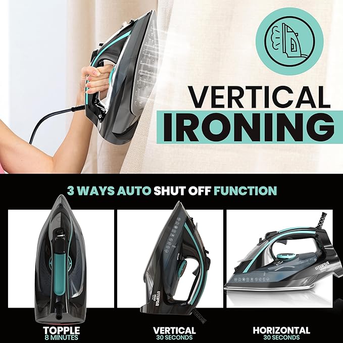 Utopia Home Steam Clothes Iron - 1800W (Black Teal) Non-Stick Soleplate | Nonstick Soleplate With Auto-Off Safety Feature - Adjustable Thermostat Control, Variable Steam Control, Self-Clean, 8ft Cord