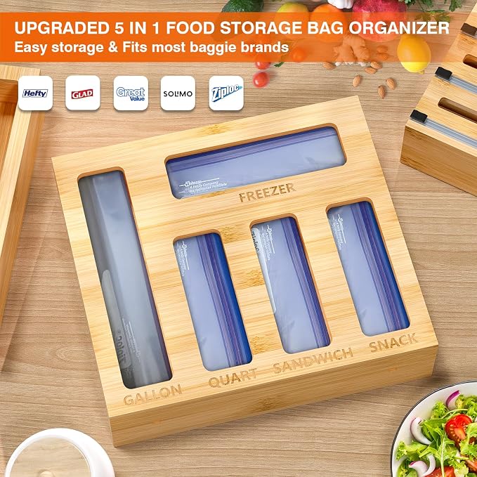 DALSHABET 9 IN1 Bamboo Storage Bag Drawer Organizer with Cutter, Foil and Plastic Wrap Dispenser for Kitchen Storage Compatible with All Brands Gallon, Quart, Sandwich & Snack Size Bags - Beige