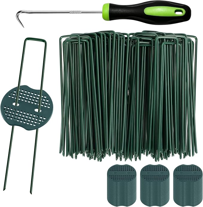 6 Inch 200 Pcs Galvanized Landscape Staples 200 Pcs Gaskets Pick Hook Garden Stakes 11 Gauge Anti-Rust Landscaping Fabric SOD Pins U Shaped Yard Turf Stakes for Weed Barrier Fabric Green