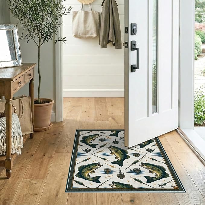 2'x3' Washable Area Rug Bass Lake Lure Tackle Reel Motif Border Angler Hook Fish Fishing Refined Stain Resistant Thin Throw for Entryway, Kitchen, Laundry Room